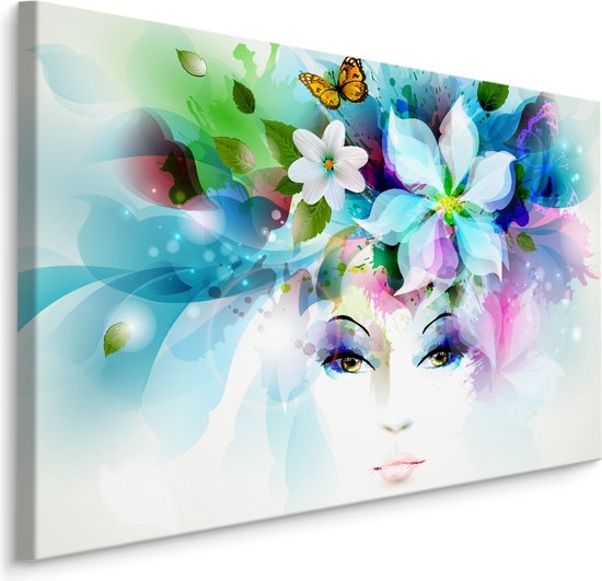 Peinture - Visage d'une femme avec des Fleurs, impression sur toile, impression Premium
