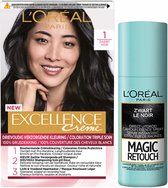 L'Oréal Excellence Creme 1 Zwart + Magic Retouch Uitgroeispray Zwart 75 ml Pakket