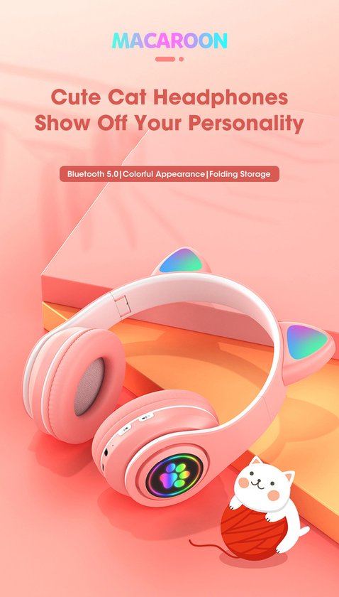 Kinder Hoofdtelefoon-Draadloze Koptelefoon-Kids Headset-Over Ear-Bluetooth-Microfoon-Katten Oortjes-Led Verlichting-Roze
