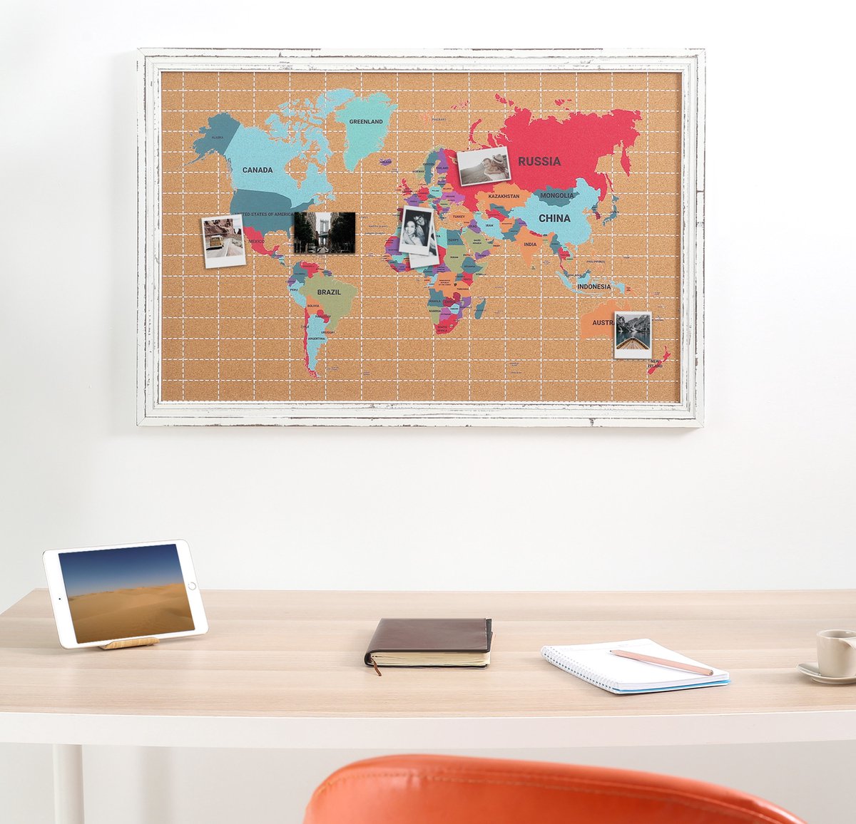 Splosh Carte Du Monde De Voyage – Tableau D'affichage En Liège Avec Cadre En Bois Blanc Avec 100 épingles En 2 Couleurs Pour Marquer Vos Aventures Passées Et Futures Cartes Du Monde