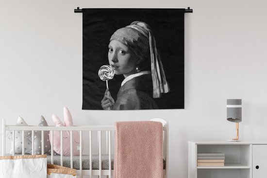 Tapisserie - Tissu mural - La fille à la boucle d'oreille en perle - Johannes Vermeer - Zwart - Wit - 90x90 cm - Tapisserie