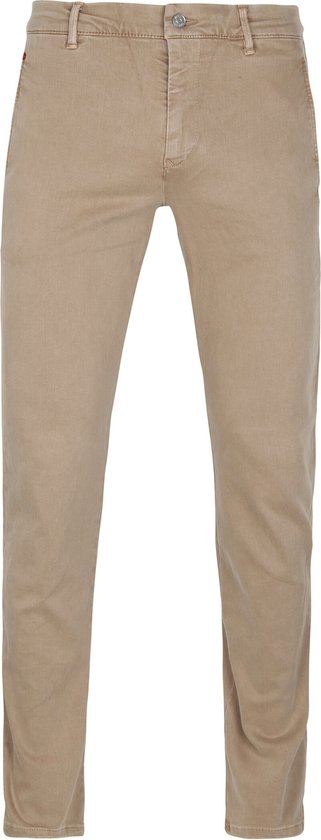 Voorkant van een beige chino broek op een witte achtergrond.