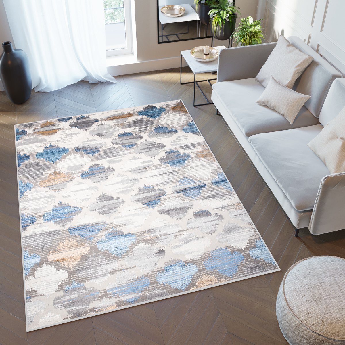 Tapiso Valley Vloerkleed Beige Blauw Trellis Tapijten Woonkamer Maat- 300x400