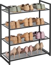 Schoenenrek met 4 schappen, stapelbare schoenorganisatie, voor 12-16 paar schoenen, schoenopslag, van metaal, 63 x 30 x 72 cm (L x B x H), zwart LMR084B01