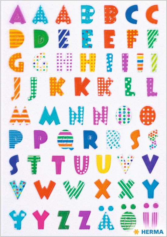 Stickervelletjes met 62x stuks gekleurde alfabet plak letters - 1 vel