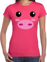 Varken / big gezicht verkleed t-shirt roze voor dames - Carnaval fun shirt / kleding / kostuum L