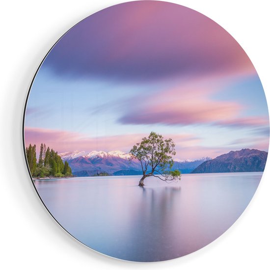 Artaza Dibond Wall Circle - Arbre Wanaka Dans L' Water Au Lever Du Soleil - Ø 70 cm - Wall Circle - Tableau Rond - Pour Intérieur et Extérieur