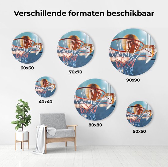 Artaza Dibond Wall Circle - Basketbal in Ring - Hoop - Assiette - Ø 90 cm - Groot - Wall Circle - Peinture ronde - Pour l'intérieur et l'extérieur
