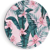 Cercle mural Artaza Dibond Fleurs d'été roses tropicales avec feuilles - Ø 80 cm - Groot - Cercle mural - Peinture ronde - Pour intérieur et extérieur