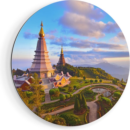 Artaza Dibond Muurcirkel Pagode Tempels in de Inthanon Berg in Thailand - Ø 50 cm - Klein - Wandcirkel - Rond Schilderij - Voor Binnen en Buiten