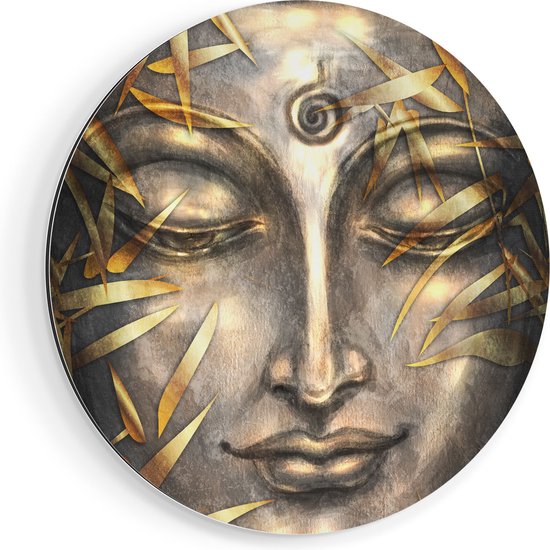 Artaza Muurcirkel - Boeddha Beeld Met Gouden Bladeren - Wandcirkel - Rond Schilderij