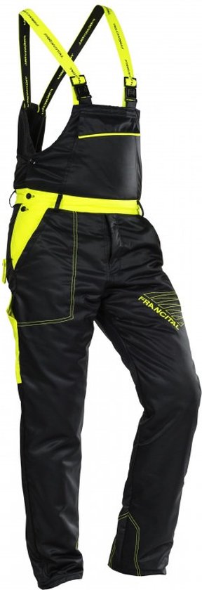 Salopette noire avec accents jaunes sur les poches et les jambes.
