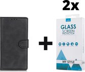 Kunstleer Bookcase Hoesje Met Pasjeshouder Huawei P40 Lite Zwart - 2x Gratis Screen Protector - Telefoonhoesje - Smartphonehoesje