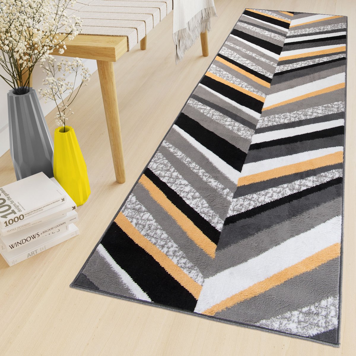 Tapiso Maya Loper Vloerkleed Grijs Zwart Geel Gang Modern Woonkamer Gang Maat- 100x1100