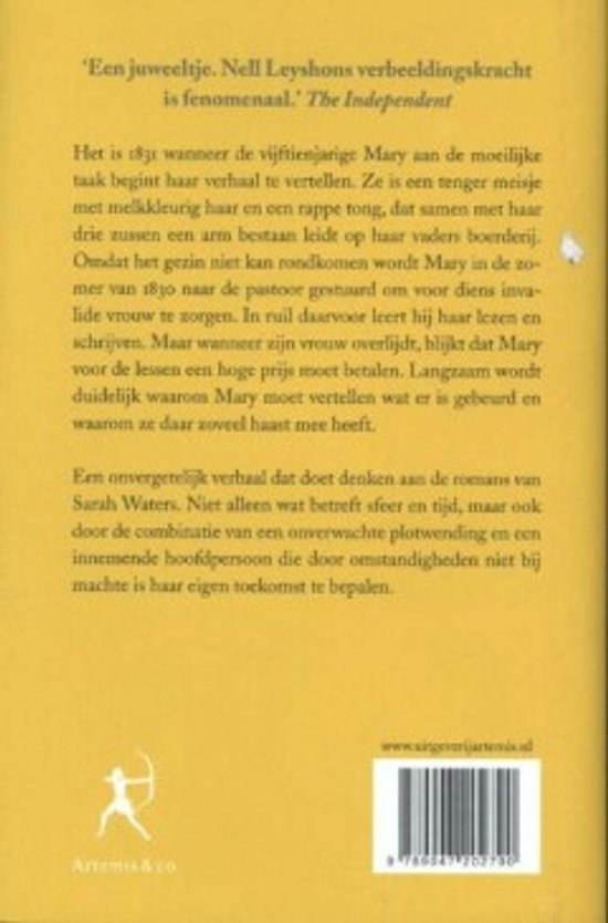 Achterkant boek 'De kleur van melk', met gele tekst. Boek 'De kleur van melk'.