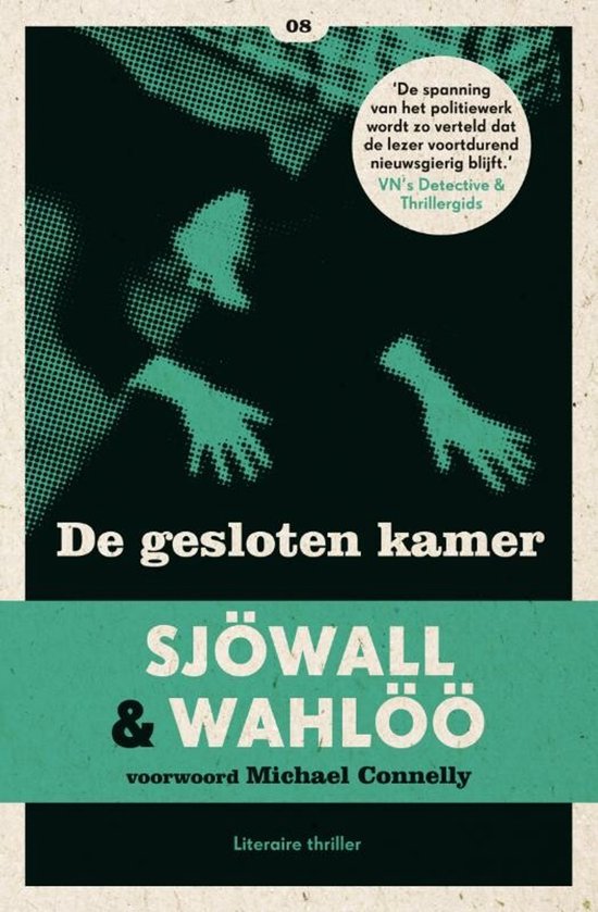 Voorzijde boek 'De gesloten kamer' van Sjöwall & Wahlöö met een zwart-groene illustratie en lovende quote.