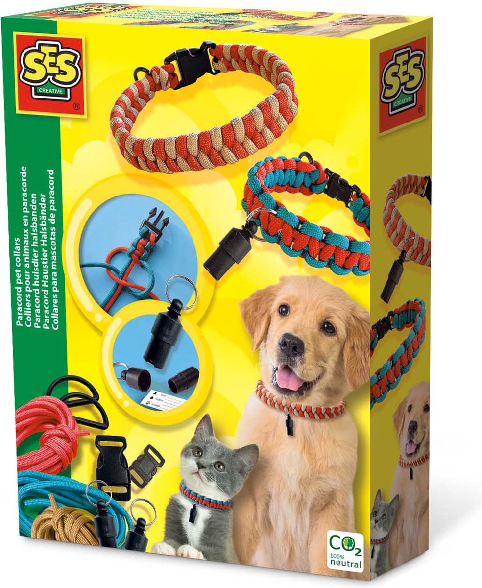 SES - Paracord huisdier halsbanden - knoop zelf halsbanden voor je hond, kat of konijn - 3 kleuren koord - met adreskokers en kliksluitingen