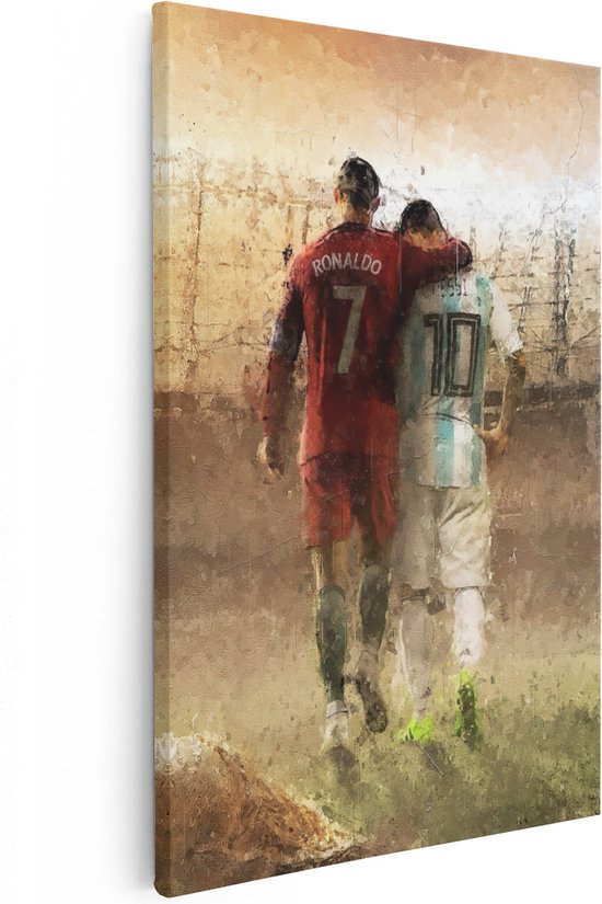 Artaza Canvas Schilderij Lionel Messi en Cristiano Ronaldo - Voetbal - 80x120 - Groot - Muurdecoratie Slaapkamer - Wanddecoratie