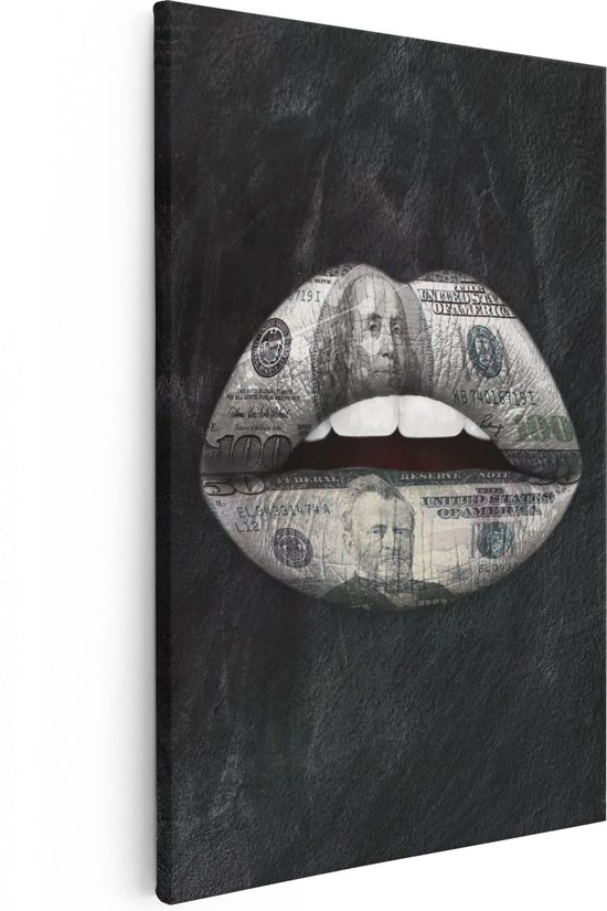 Artaza Canvas Schilderij Dollar Lippen op het Zwart - 20x30 - Klein - Foto Op Canvas - Canvas Print