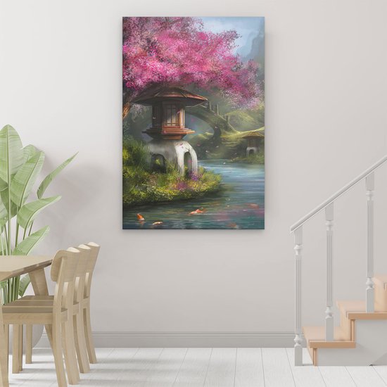 Artaza - Peinture sur Canevas - Rivière dessinée avec des fleurs en Chine - 80x120 - Petit - Photo sur Toile - Impression sur Toile