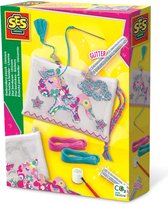 SES - Etui borduren - Unicorn - eenhoorn - knutsel je eigen tasje - met vilt, borduurgaren, borduurnaald, glitters, lijm en penseel