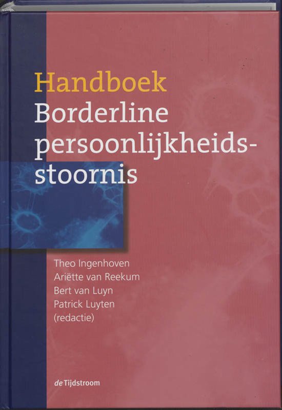 Boekomslag met gele en witte tekst 'Handboek Borderline persoonlijkheidsstoornis' op rode achtergrond.