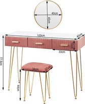 Make-uptafel met kruk, spiegel, kaptafel met laden, groot tafelblad 100 x 40 cm, moderne make-uptafel voor slaapkamer, roze