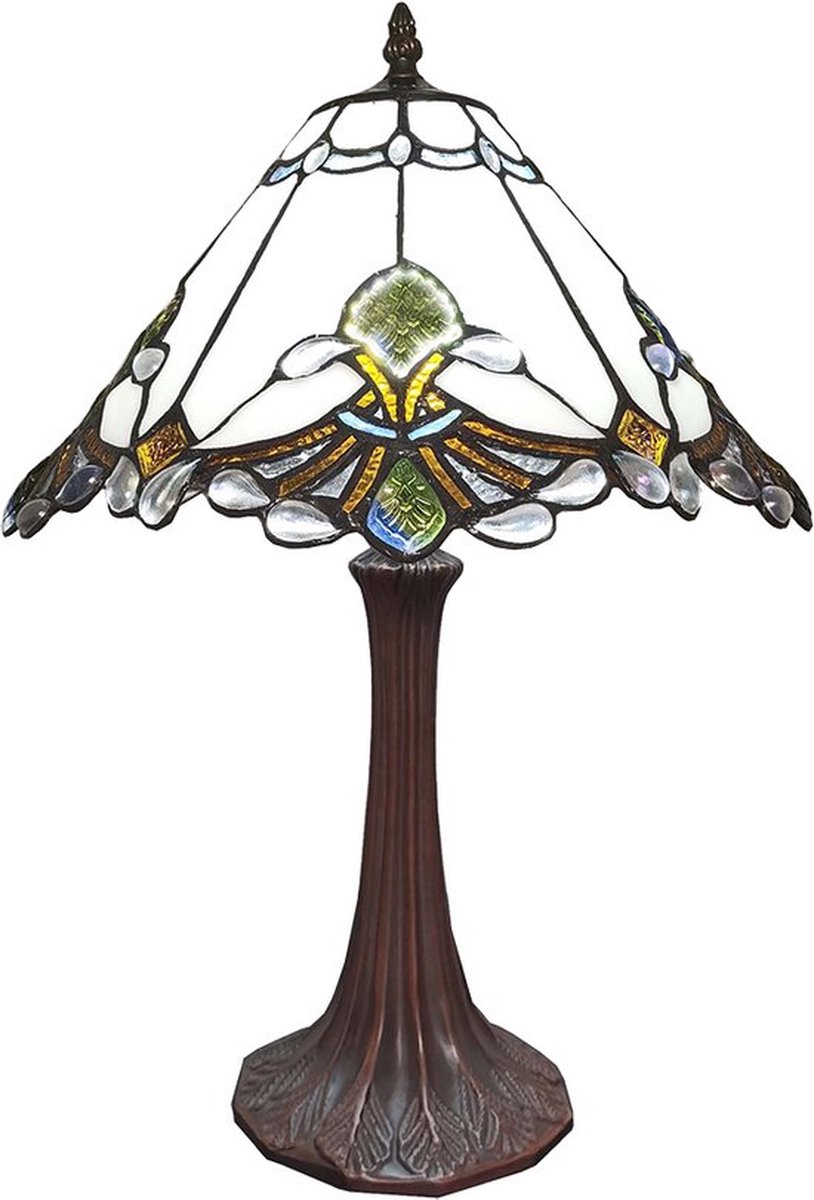 LumiLamp Tiffany Tafellamp Ø 31*49 cm E27/max 1*60W Wit, Bruin Glas, Kunststof Tiffany Bureaulamp Tiffany Lampen