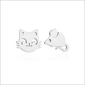 Aramat jewels ® - Chirurgisch stalen asymmetrische oorbellen poes en muis zweerknopjes zilverkleurig 10mm