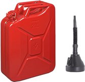 Metalen grote Jerrycan rood voor olie en brandstof van 20 liter met een handige grote trechter van 39 cm