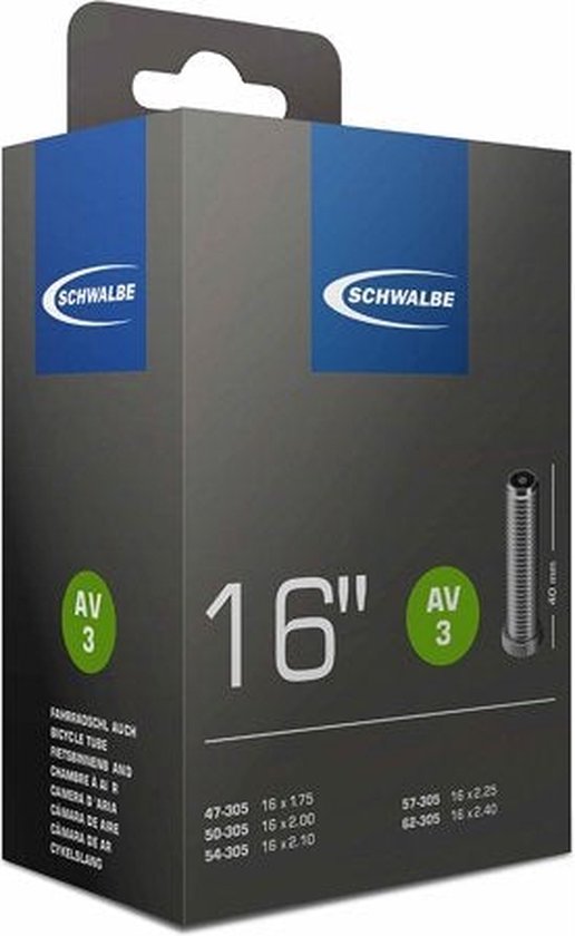 Schwalbe fietsbinnenband verpakking, 16 inch, met autoventiel AV3.