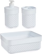 Set d'accessoires de salle de bain 3 pièces blanc en plastique - Panier - Distributeur de savon - Gobelet brosse à dents