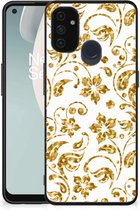 Back Cover Siliconen Hoesje OnePlus Nord N100 Telefoonhoesje met Zwarte rand Gouden Bloemen