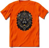 Leeuw - Dieren Mandala T-Shirt | Geel | Grappig Verjaardag Zentangle Dierenkop Cadeau Shirt | Dames - Heren - Unisex | Wildlife Tshirt Kleding Kado | - Oranje - M