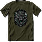 Leeuw - Dieren Mandala T-Shirt | Aqua | Grappig Verjaardag Zentangle Dierenkop Cadeau Shirt | Dames - Heren - Unisex | Wildlife Tshirt Kleding Kado | - Leger Groen - XL