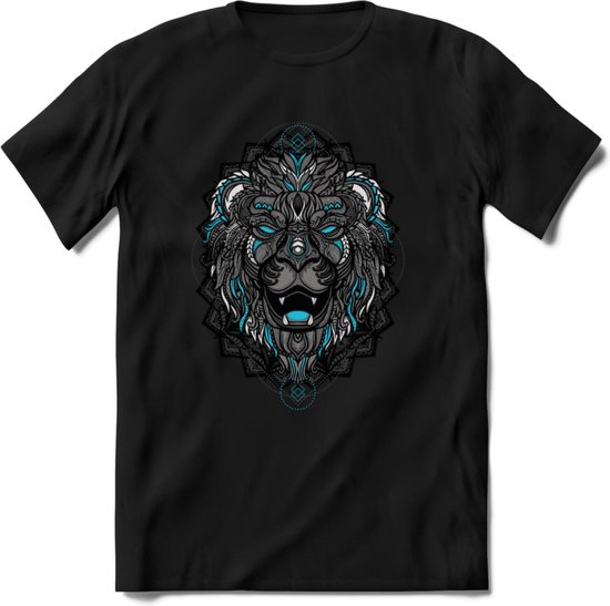 Leeuw - Dieren Mandala T-Shirt | Lichtblauw | Grappig Verjaardag Zentangle Dierenkop Cadeau Shirt | Dames - Heren - Unisex | Wildlife Tshirt Kleding Kado | - Zwart - M