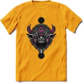 Bizon - Dieren Mandala T-Shirt | Roze | Grappig Verjaardag Zentangle Dierenkop Cadeau Shirt | Dames - Heren - Unisex | Wildlife Tshirt Kleding Kado | - Geel - M