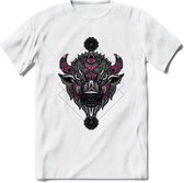 Bizon - Dieren Mandala T-Shirt | Roze | Grappig Verjaardag Zentangle Dierenkop Cadeau Shirt | Dames - Heren - Unisex | Wildlife Tshirt Kleding Kado | - Wit - M