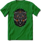 Wolf - Dieren Mandala T-Shirt | Oranje | Grappig Verjaardag Zentangle Dierenkop Cadeau Shirt | Dames - Heren - Unisex | Wildlife Tshirt Kleding Kado | - Donker Groen - 3XL