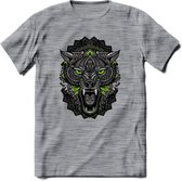 Wolf - Dieren Mandala T-Shirt | Groen | Grappig Verjaardag Zentangle Dierenkop Cadeau Shirt | Dames - Heren - Unisex | Wildlife Tshirt Kleding Kado | - Donker Grijs - Gemaleerd - M