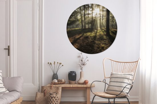 WallCircle - Stickers muraux - Cercle Papier Peint - Forêt - Soleil - Brouillard - 120x120 cm - Cercle Mural - Auto Adhésif - Sticker Papier Peint Rond XXL