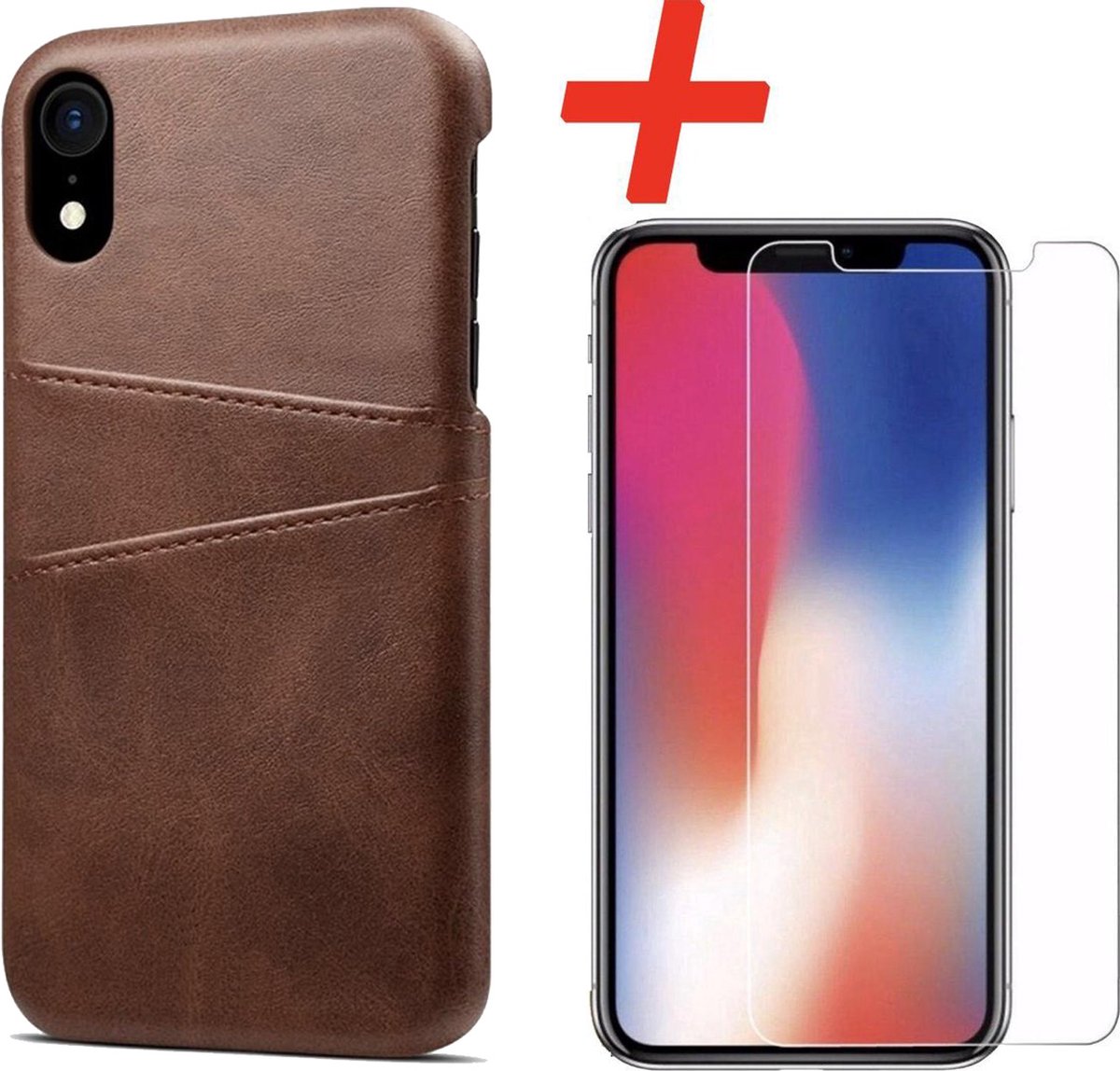 Backcover geschikt voor Apple iPhone XR - Donkerbruin - PU Leer - Pasjeshouder + Glas Protector