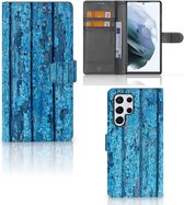 Magnet Case Geschikt voor Samsung Galaxy S22 Ultra Telefoonhoesje Wood Blue