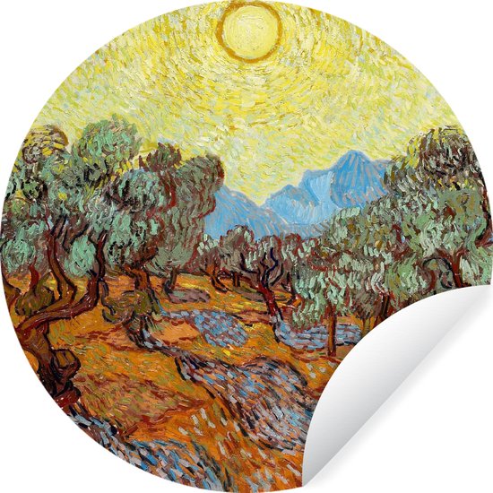WallCircle - Stickers muraux - Cercle de papier peint - Oliviers avec ciel et soleil jaunes - Peinture de Vincent van Gogh - 50x50 cm - Cercle mural - Autocollant - Autocollant de papier peint rond