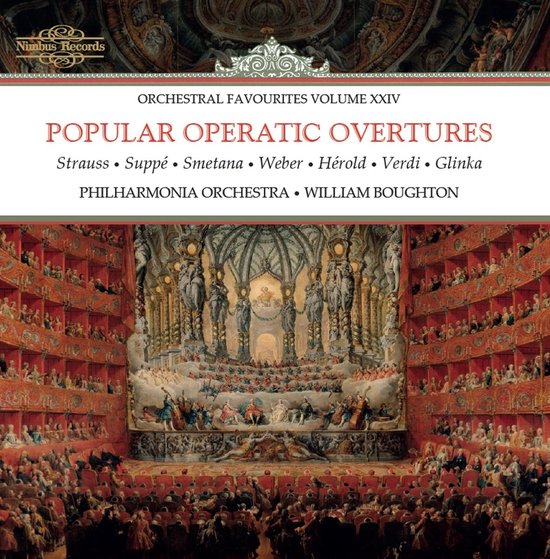 Boekcover met orkest en publiek in een theater. Titel: POPULAR OPERATIC OVERTURES.