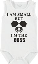 Baby Rompertje met tekst 'I'm small, but i'm the boss' | mouwloos l | wit zwart | maat 62/68 | cadeau | Kraamcadeau | Kraamkado