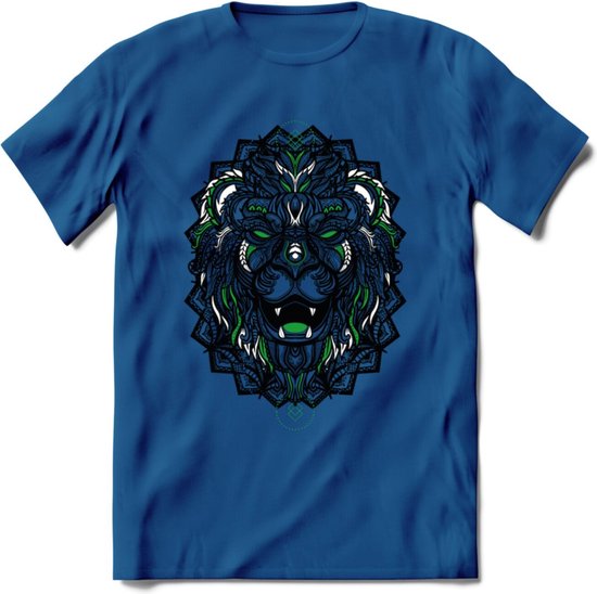 Leeuw - Dieren Mandala T-Shirt | Groen | Grappig Verjaardag Zentangle Dierenkop Cadeau Shirt | Dames - Heren - Unisex | Wildlife Tshirt Kleding Kado | - Donker Blauw - 3XL