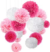 O-Kinee 24 stuks roze decoratie zijdepapier pompons voor bruiloft, doop meisje, verjaardag, feest, communie, Valentijnsdag, Moederdag, vrijgezellenfeest, wit, roze - valentijn cadeautje