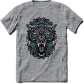 Wolf - Dieren Mandala T-Shirt | Blauw | Grappig Verjaardag Zentangle Dierenkop Cadeau Shirt | Dames - Heren - Unisex | Wildlife Tshirt Kleding Kado | - Donker Grijs - Gemaleerd - 3