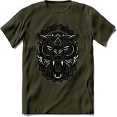 Wolf - Dieren Mandala T-Shirt | Grijs | Grappig Verjaardag Zentangle Dierenkop Cadeau Shirt | Dames - Heren - Unisex | Wildlife Tshirt Kleding Kado | - Leger Groen - XL